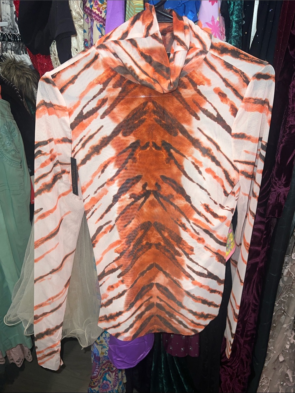 AFRM Orange and White Tiger-Print micro mesh Long Sleeve Top